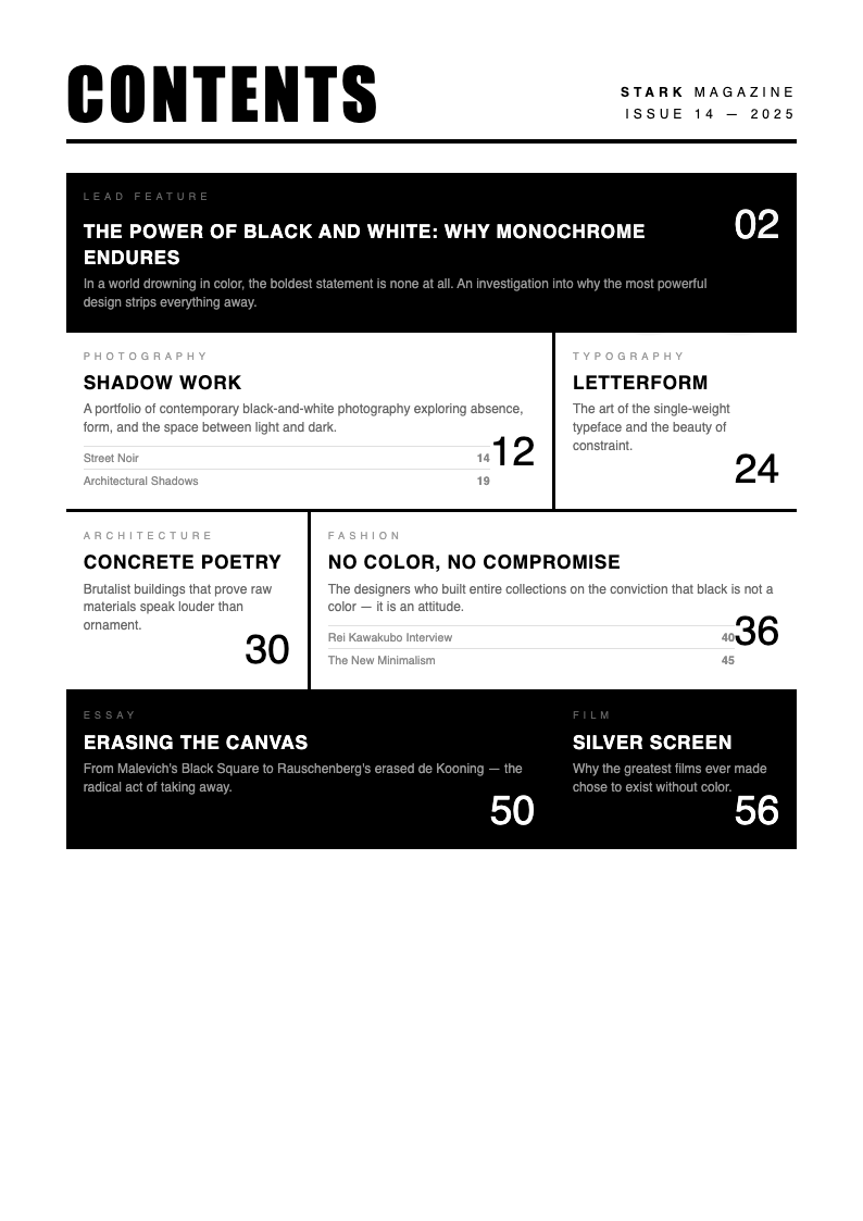 Monochrome Stark Table Of Contents With Content